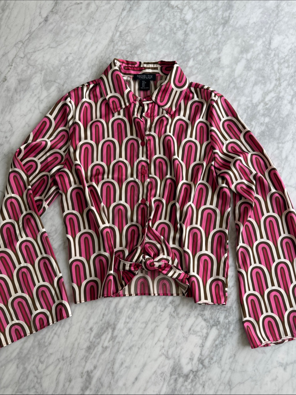 Rachel Zoe Pink and Cream Geometric Silk Button-Down Shirt